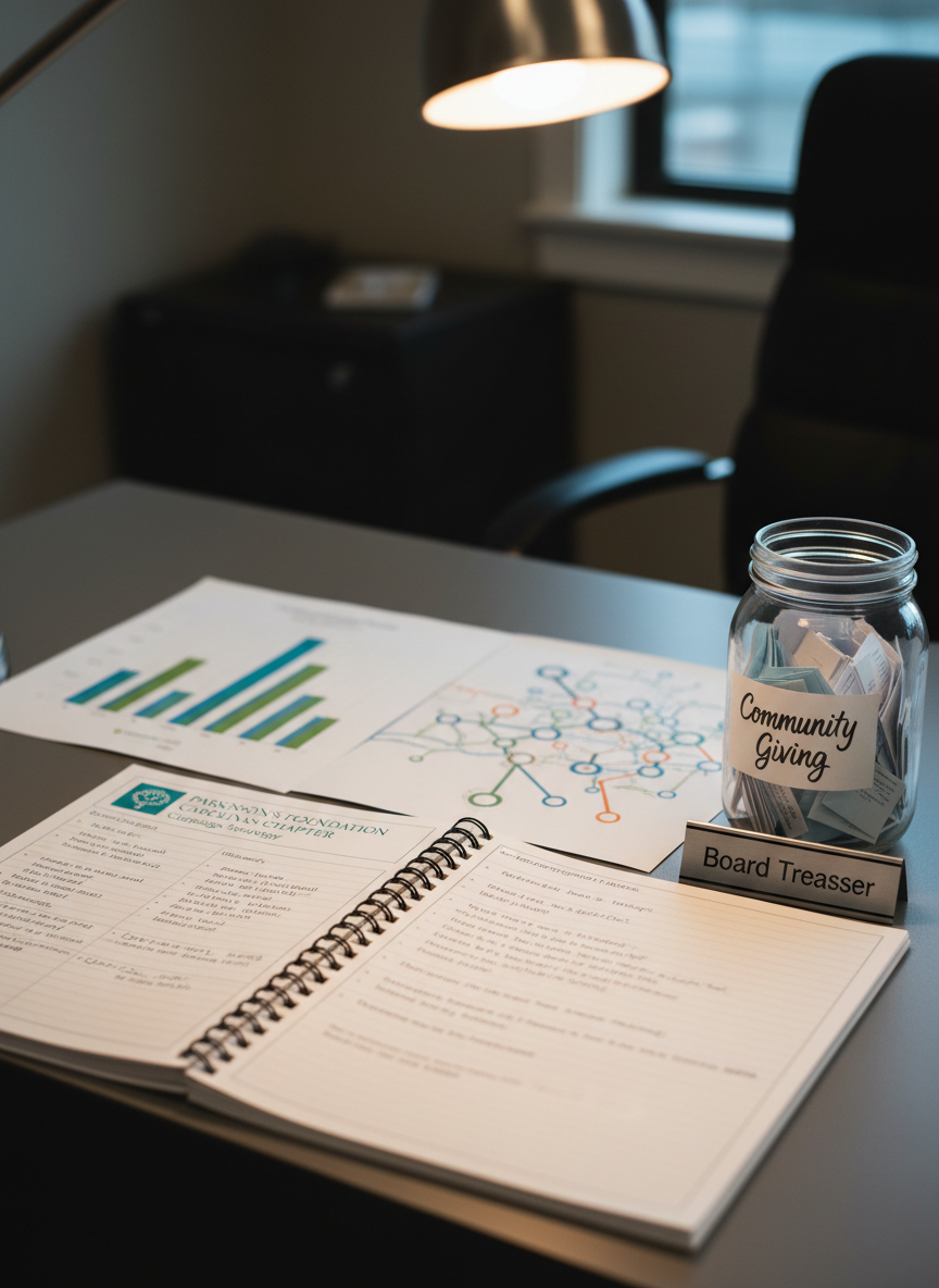 A close-up, photographic realism shot of a neatly arranged fundraising planning station on a matte gray desk, representing the Parkinson’s Foundation Carolinas Chapter board. A spiral-bound campaign strategy book with a teal Parkinson’s logo sits open beside color-coded bar charts and donor engagement maps printed on thick, textured paper. A glass jar labeled “Community Giving” is half-filled with folded pledge cards, and a small, silver desk plaque engraved with “Board Treasurer” rests nearby. Soft, warm office lighting from an overhead fixture creates delicate highlights on the glass and metal surfaces, while a dark, out-of-focus background keeps attention on the materials. The composition uses a shallow depth of field and a three-quarter angle to convey focused, professional financial stewardship.