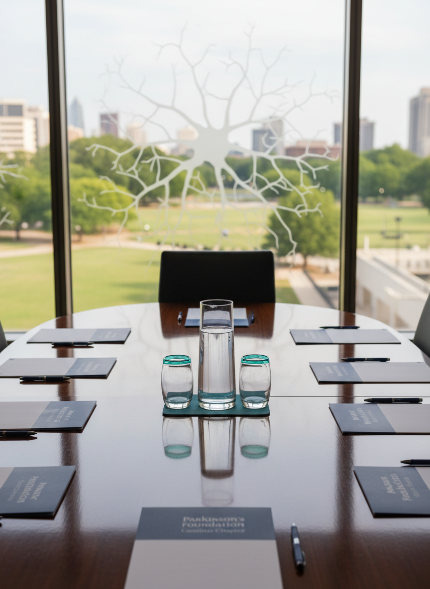 A polished dark-wood conference table arranged in a neat oval, topped with crisp navy and white folders labeled “Parkinson’s Foundation Carolinas Chapter,” matching pens, and a single teal-accented glass water carafe at the center. Behind the table, a large frosted-glass wall subtly etched with an abstract neuron pattern faces a panoramic window looking out onto a green city park. Soft afternoon daylight filters in, creating gentle reflections on the table’s surface and a calm, professional atmosphere. Shot at eye level with photographic realism and moderate depth of field, the composition follows the rule of thirds, keeping the table in sharp focus while the park view falls into a tasteful blur, emphasizing organized, mission-driven board work without any people present.