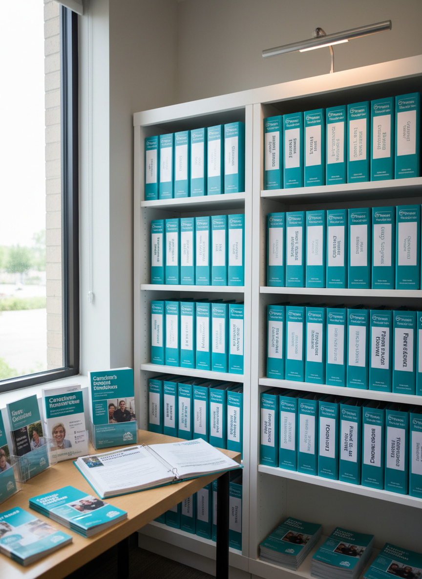 An inviting resource corner dedicated to Parkinson’s education within the Carolinas Chapter office, styled for photographic realism. Sturdy white shelving holds neatly aligned teal-and-white binders labeled “Caregiver Support,” “Research Updates,” and “Local Programs,” alongside stacks of Parkinson’s informational brochures with clean, modern layouts. A small table below displays an open binder with a visible section titled “Chapter Board Initiatives.” Cool, indirect daylight from a nearby window mixes with soft overhead lighting, producing a balanced, neutral tone with minimal shadows. Shot from a slightly elevated angle with sharp focus throughout, the composition emphasizes organization, accessibility, and professionalism, creating a calm, trustworthy atmosphere that highlights the board’s commitment to community education without any human presence.