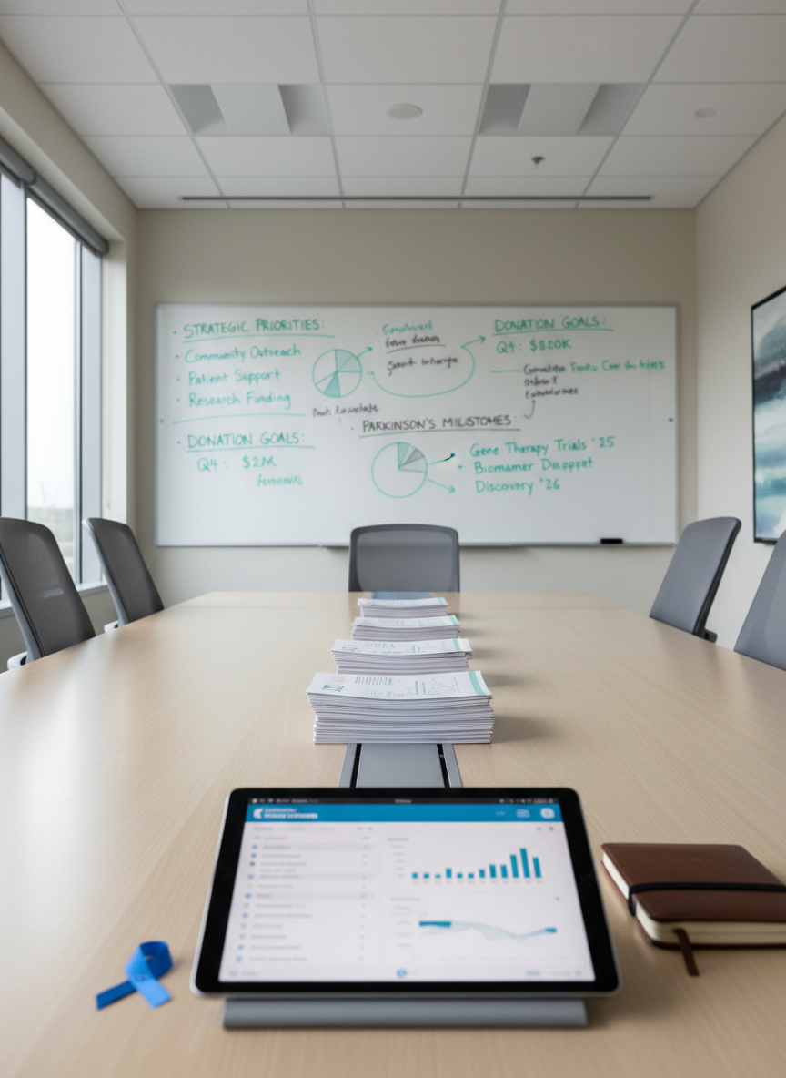 A modern nonprofit boardroom envisioned as the Carolinas Chapter hub, featuring a clean whiteboard wall filled with neatly hand-drawn strategic priorities, donation goals, and Parkinson’s research milestones in teal and charcoal markers. A sleek, light-ash conference table holds organized stacks of grant proposals, a tablet showing a Parkinson’s Foundation dashboard, and a single blue ribbon awareness pin resting beside a closed notebook. Diffused overcast light enters through tall windows, casting soft, even illumination and minimal shadows. Photographic realism from a wide-angle, slightly elevated perspective captures the entire collaborative environment, while a shallow depth of field keeps the foreground materials crisp and the far edges gently blurred, conveying a focused, purposeful, yet welcoming governance space.